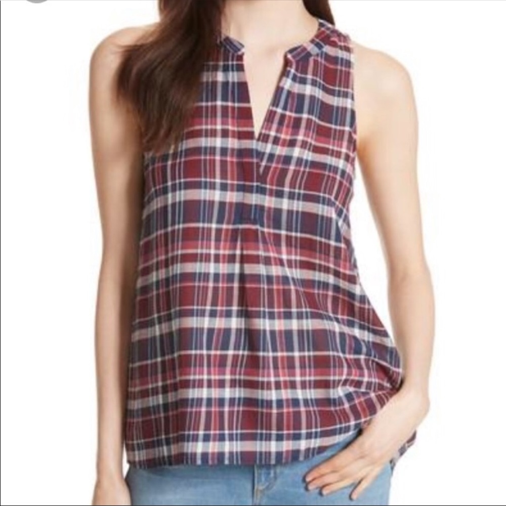 Women’s Sleeveless Plaid V-Neck Top in Burgundy Navy